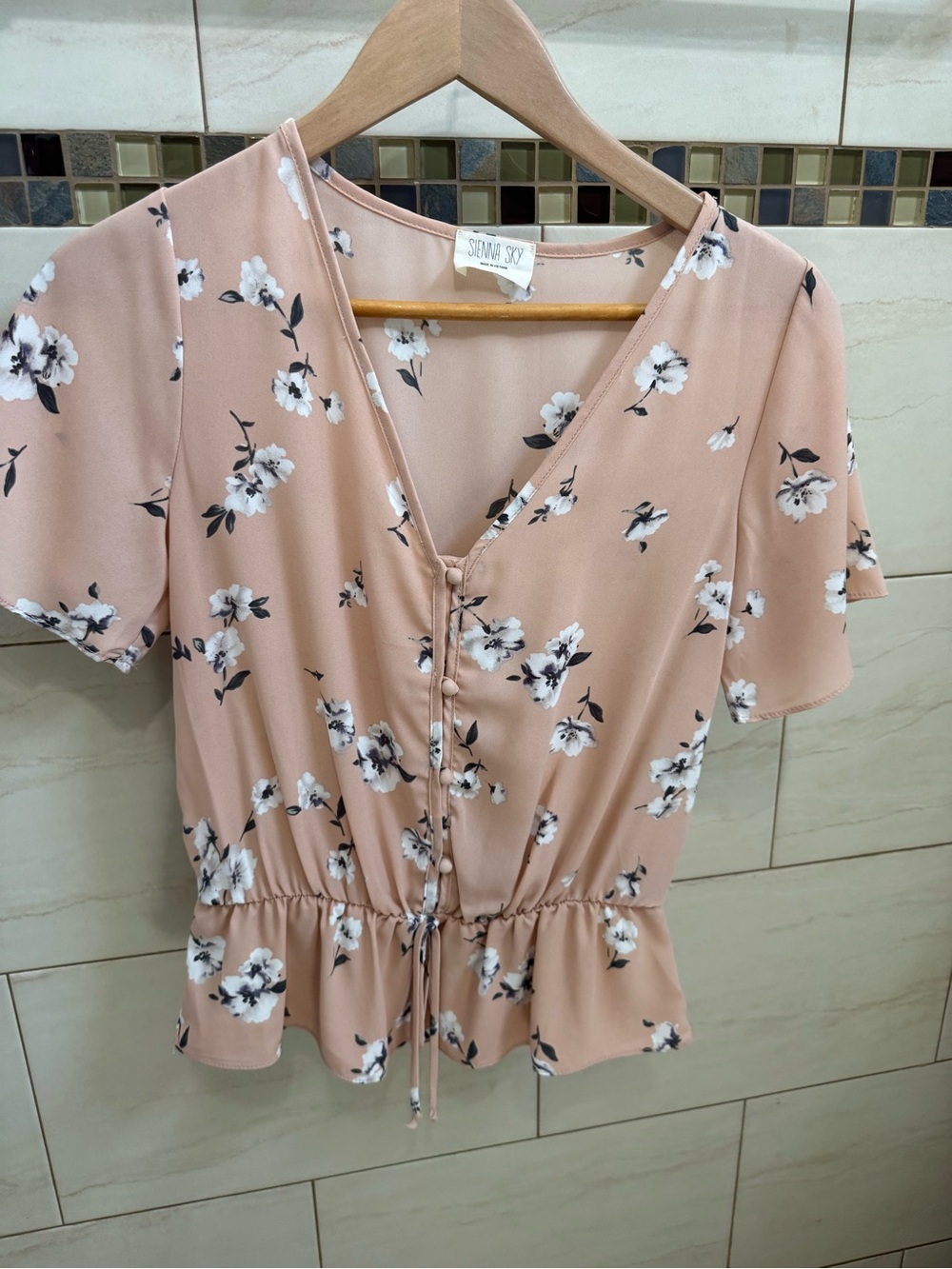 Sienna Sky Blush Floral V-Neck Drawstring Peplum Top